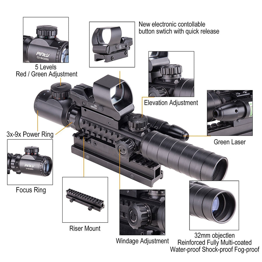 3-9x32 Illuminated Tactical Scope with Red Laser & Holographic Dot Sight